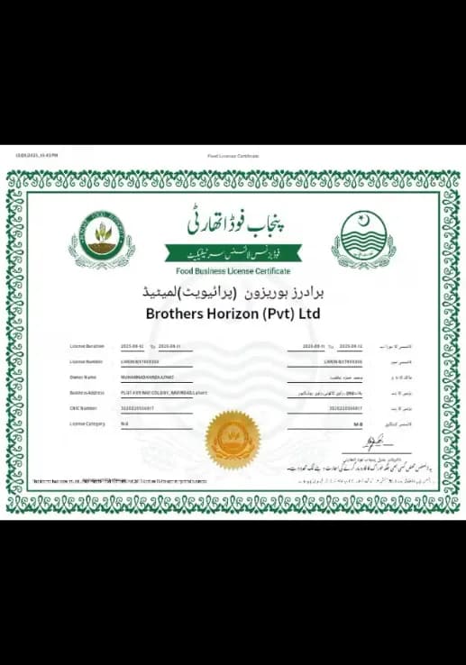 Food Business License Certificate